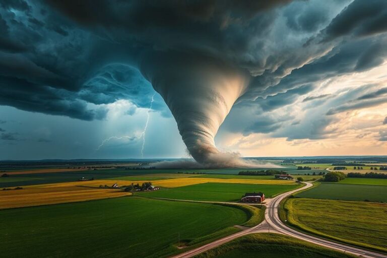 Tornado se formando em uma área rural, mostrando seu potencial destrutivo.
