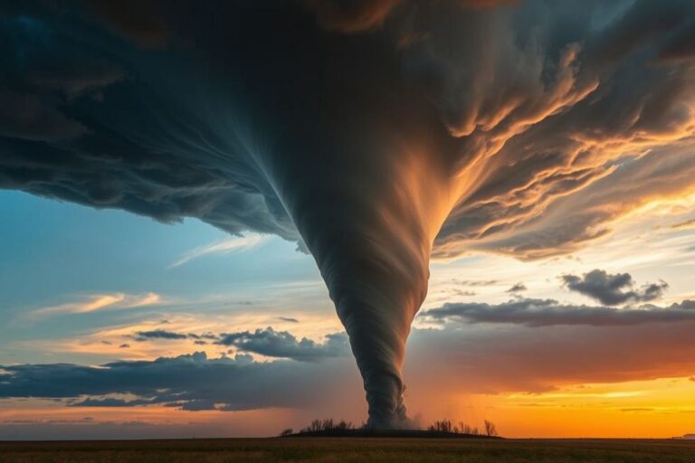Um tornado ameaçador se formando ao fundo sob um céu de pôr do sol