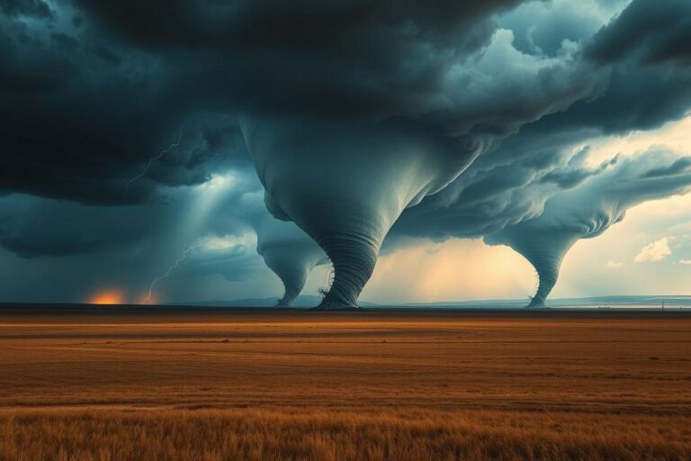 Imagem dramática com múltiplos tornados em uma paisagem aberta.