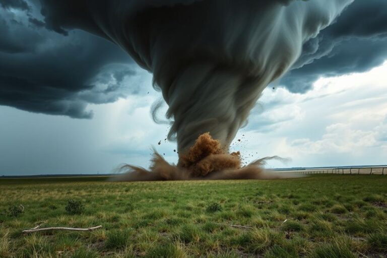 Tornado tocando o solo em um campo aberto.