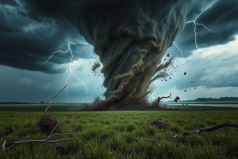 Um tornado descendo em um campo, com destroços sendo levantados, simbolizando o poder devastador da natureza.
