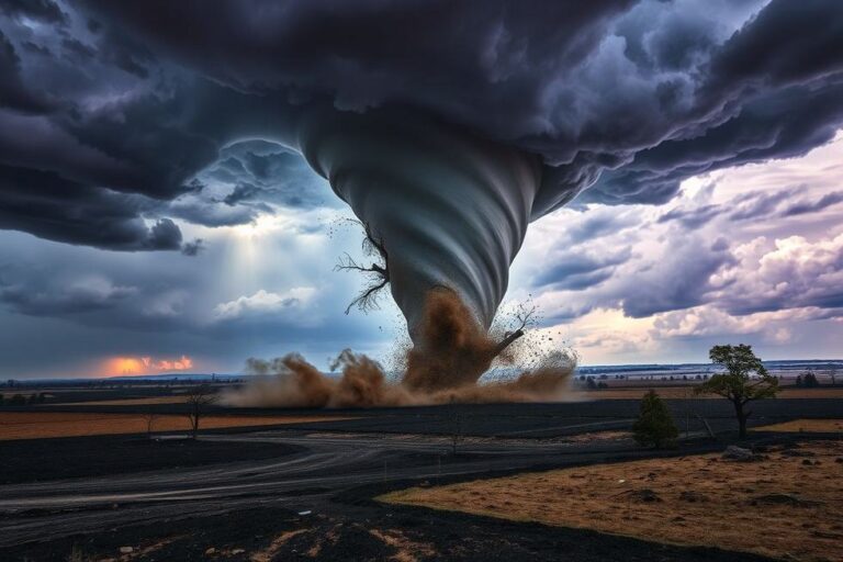 Imagem de um tornado em movimento em uma paisagem rural.