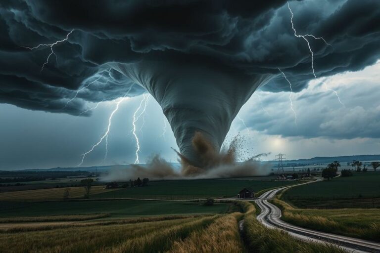 Tornado causando destruição em uma área rural