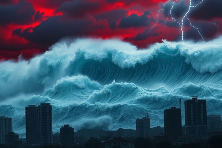 Tsunami se aproximando de uma cidade, evidenciando a força da natureza em desastres naturais.