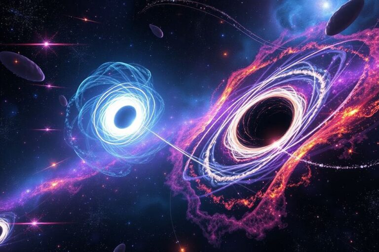 Imagem do universo mostrando buracos negros e diferentes fenômenos cósmicos.