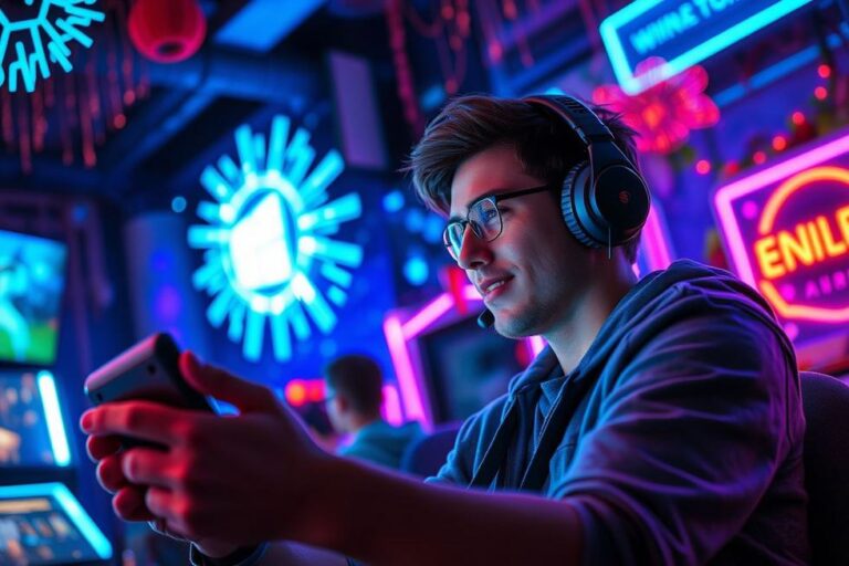 Usuário jogando em um console portátil com Windows em um ambiente vibrante.