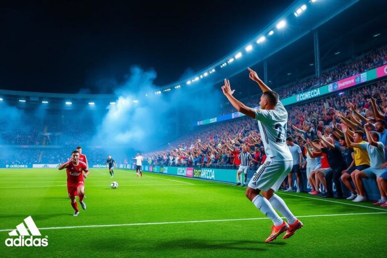 Imagem de um jogo de futebol vibrante com jogadores e fãs usando produtos Adidas.
