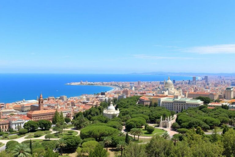 Vista que destaca a arquitetura e o mar Mediterrâneo em Barcelona.