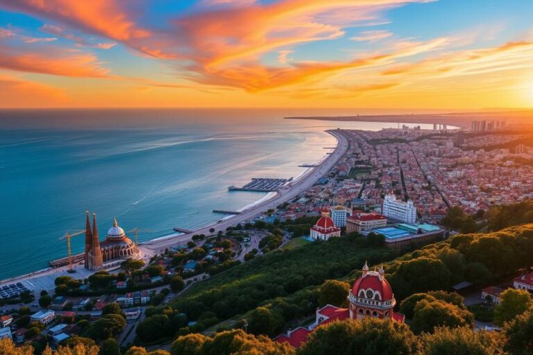Vista panorâmica de Barcelona do Montjuïc ao pôr do sol, destacando a beleza da cidade.