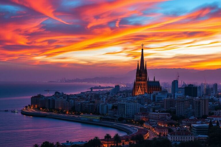 Belleza do skyline de Barcelona ao pôr do sol, com destaque para a Sagrada Família.