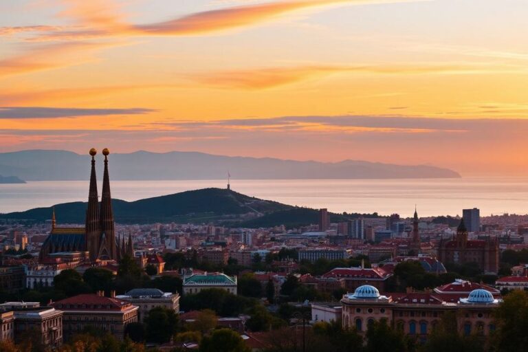 Vista deslumbrante do horizonte de Barcelona com mar e montanha ao fundo.