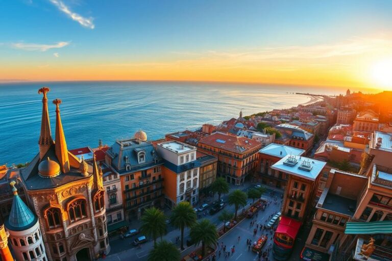 Vista geral de Barcelona, com arquitetura única e costa do Mediterrâneo.