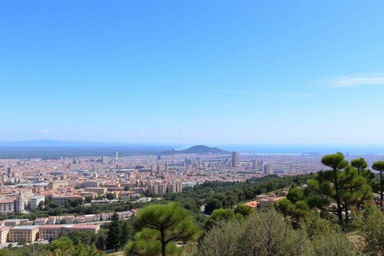 Panorama de Barcelona com vista para a cidade e o mar.