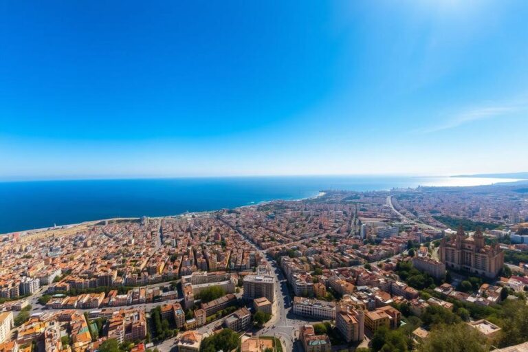 Vista da cidade de Barcelona com o mar ao fundo.
