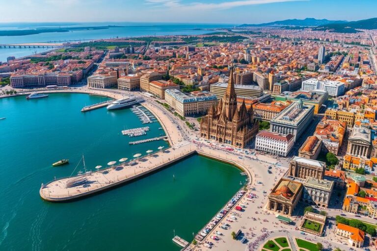 Vista aérea de Barcelona, destacando seus principais pontos turísticos.