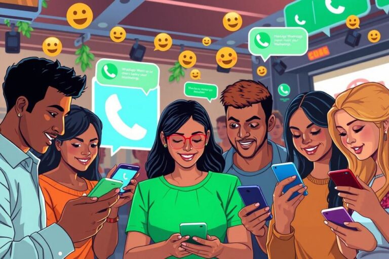 Imagem de um grupo diversificado de pessoas usando WhatsApp para marketing.