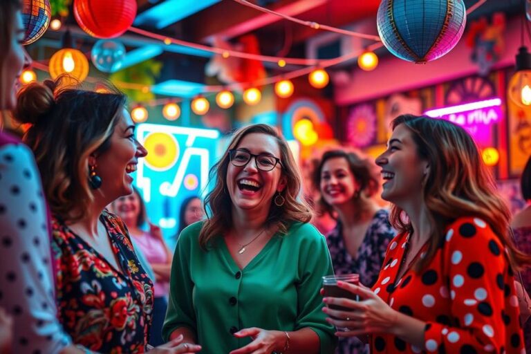 Mulheres se divertindo e rindo, simbolizando a conexão proporcionada pela comédia.
