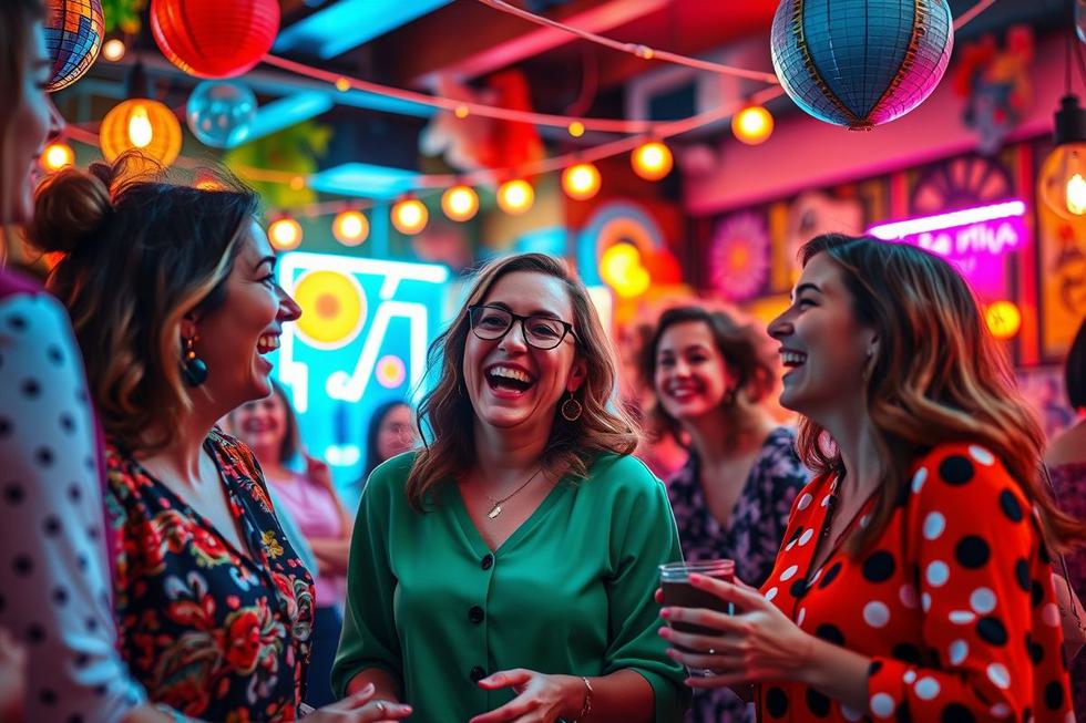 Mulheres se divertindo e rindo, simbolizando a conexão proporcionada pela comédia.